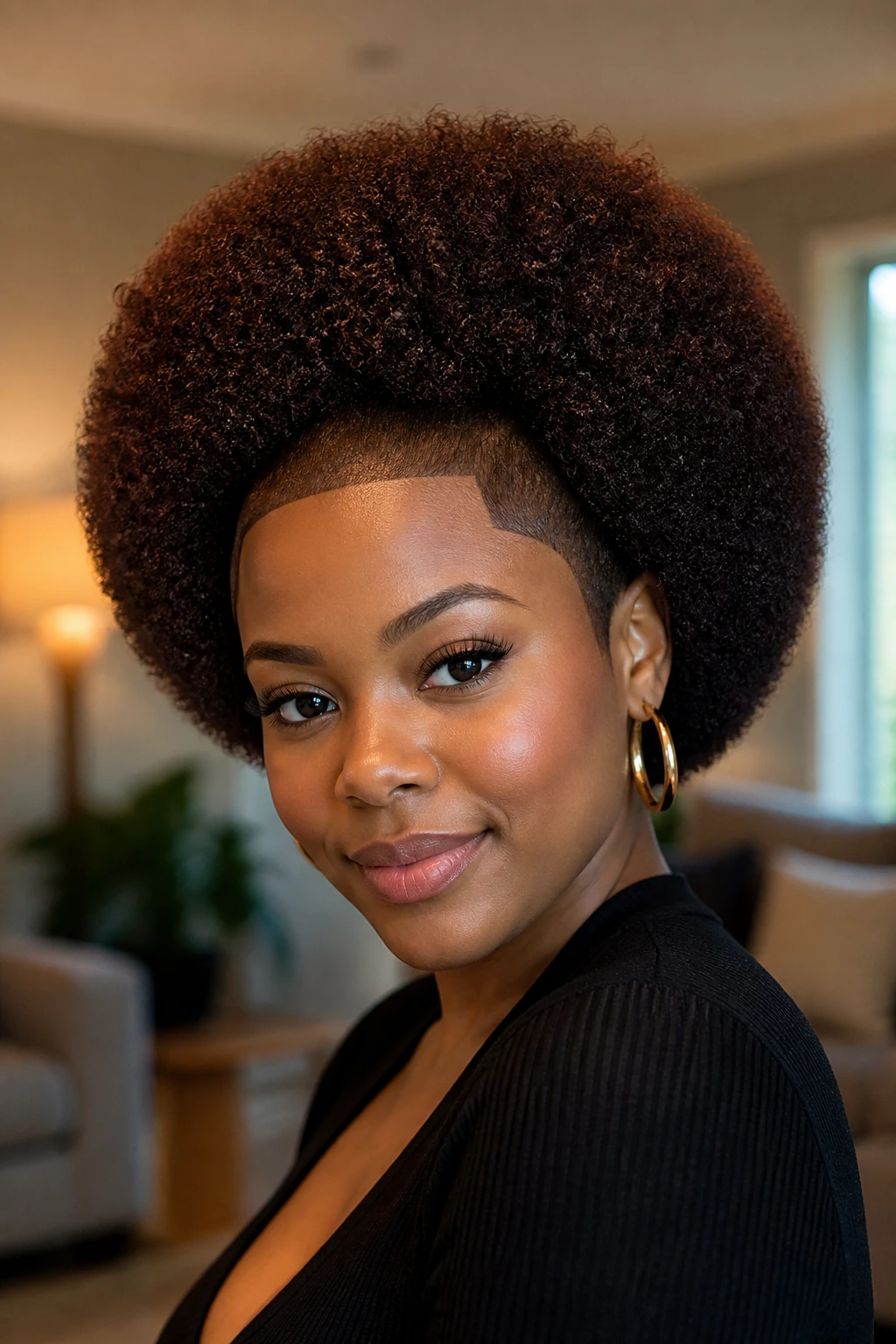 Close-up of a woman with rounded Afro and clean shape-up.