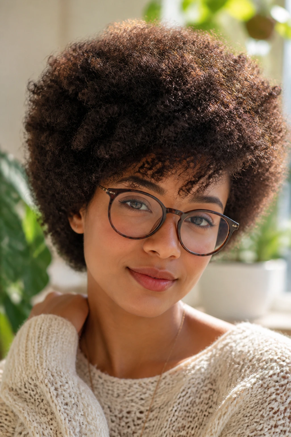 Close-up of a person with a rounded Afro and a tilted fringe