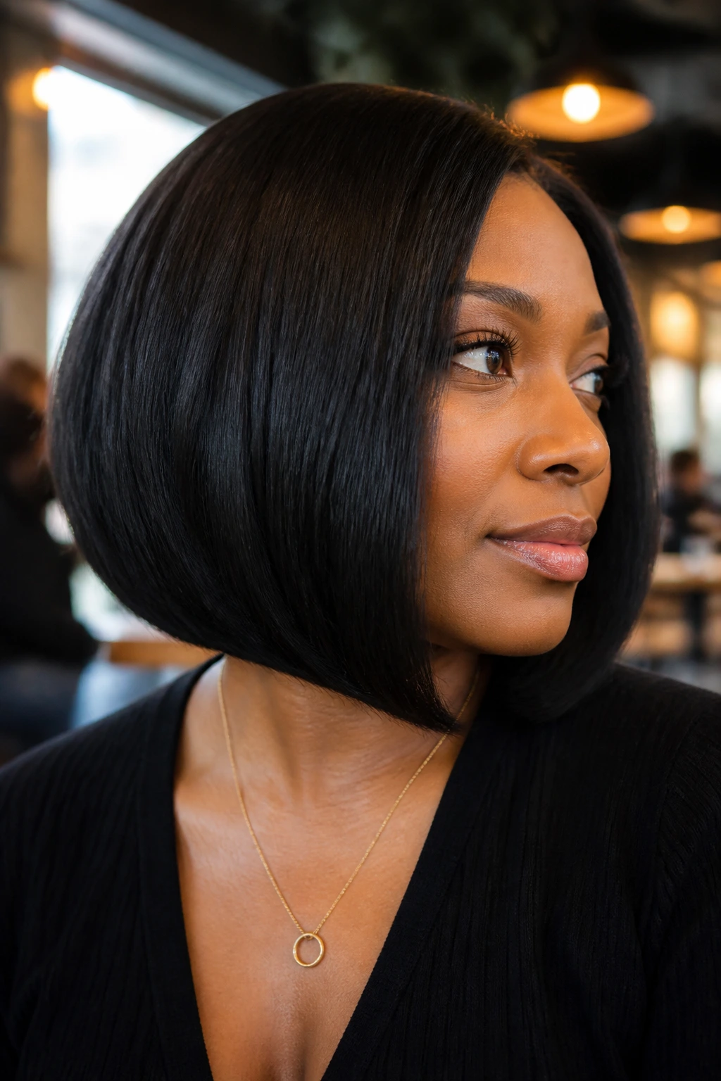 Close-up portrait of a real Black woman with a rounded angled bob and thick hair
