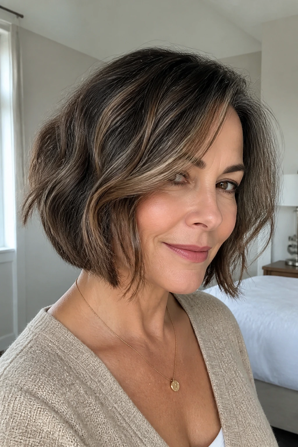 Close-up of a real woman's rounded angled bob with face-framing layers