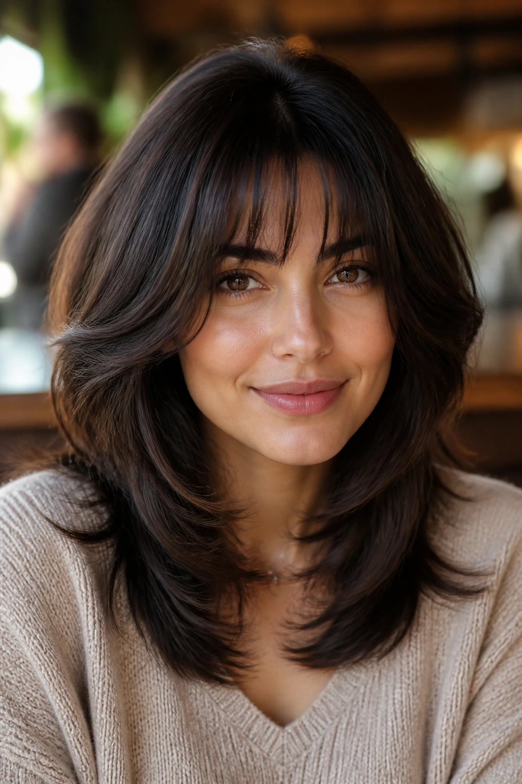 Close-up of a real woman with rounded angled layers and curved bangs in cafe light.