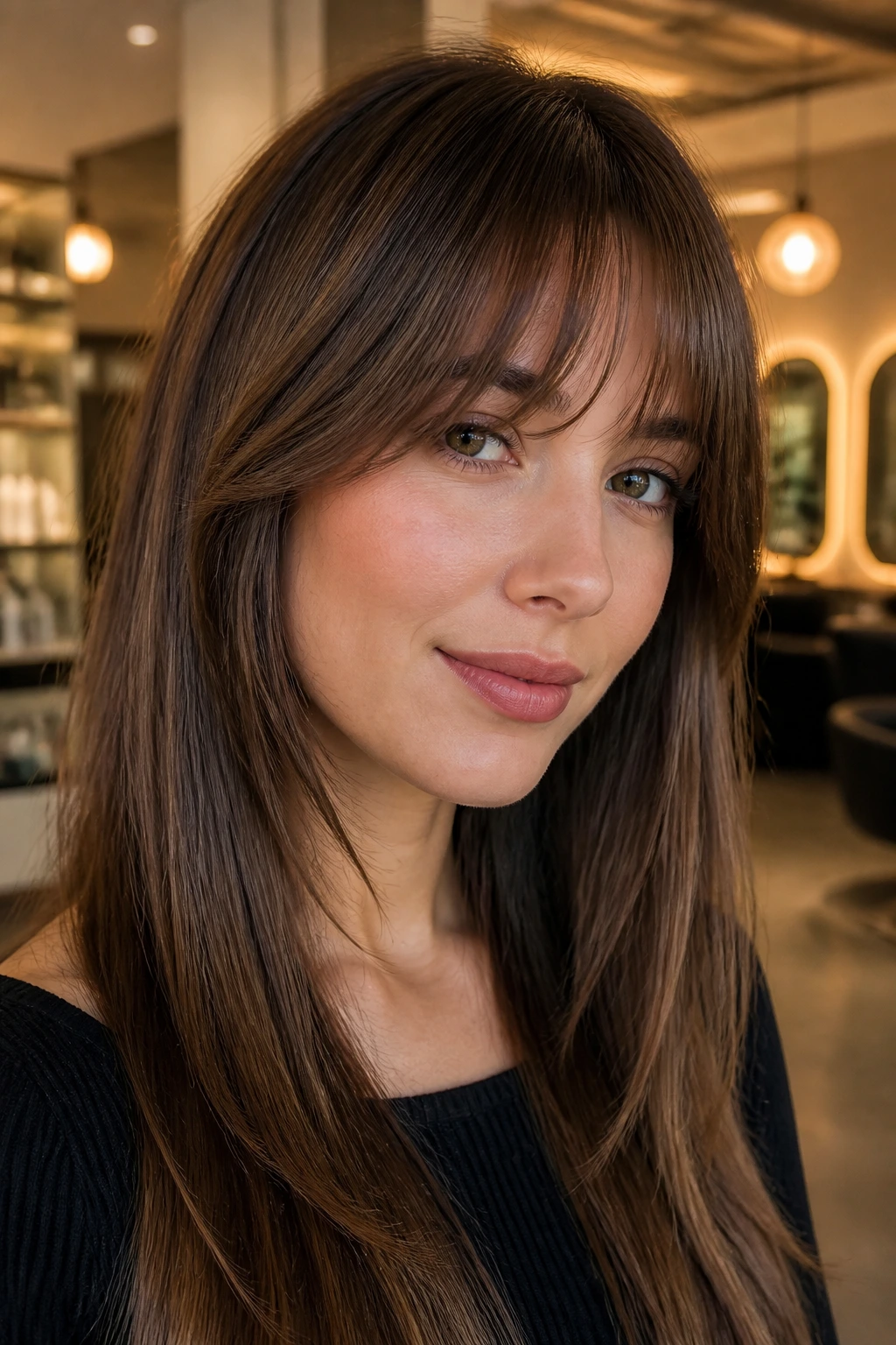 Real woman with rounded arc bangs shaped along the brow.