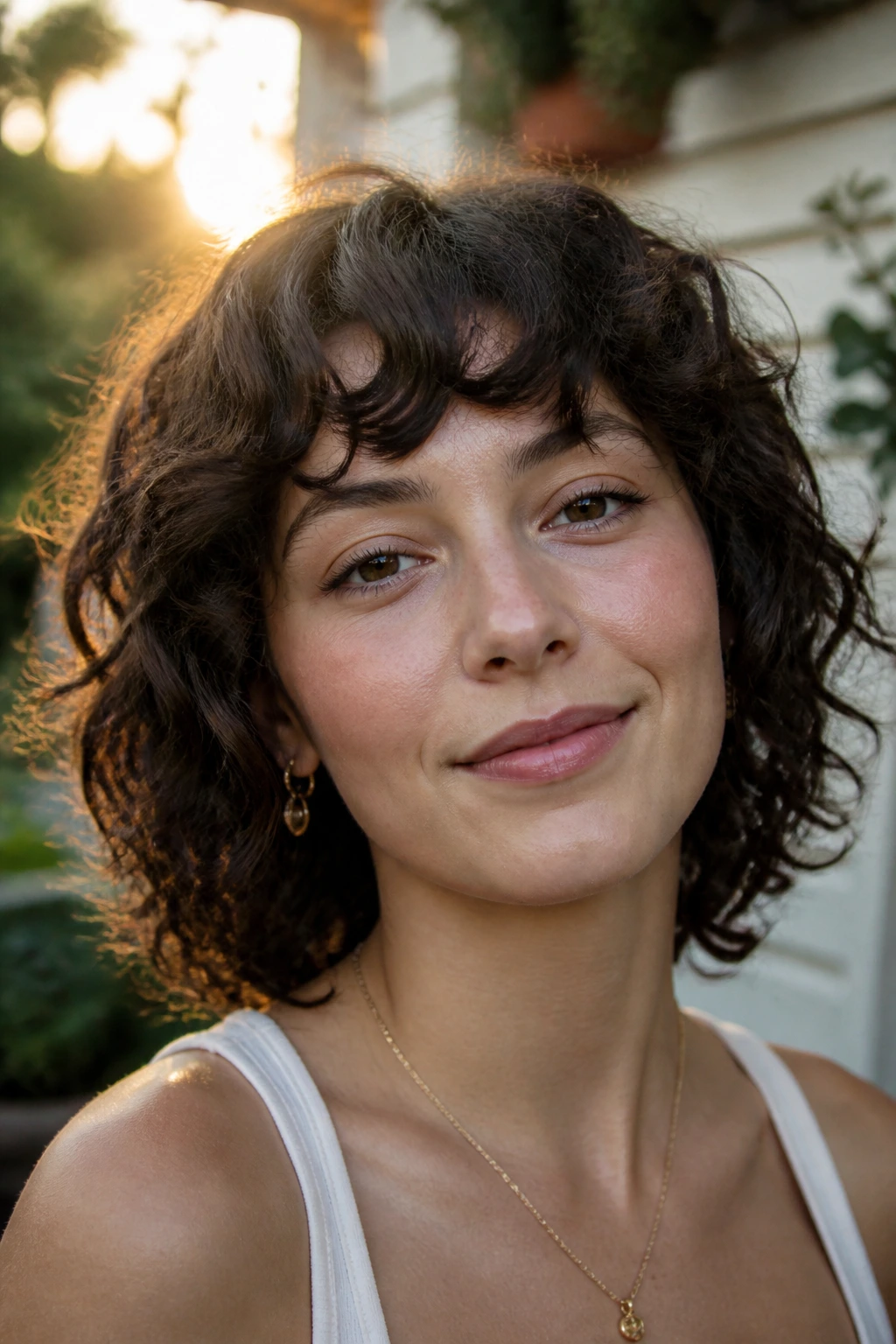 Close-up of a real person with rounded arch fringe in warm afternoon light