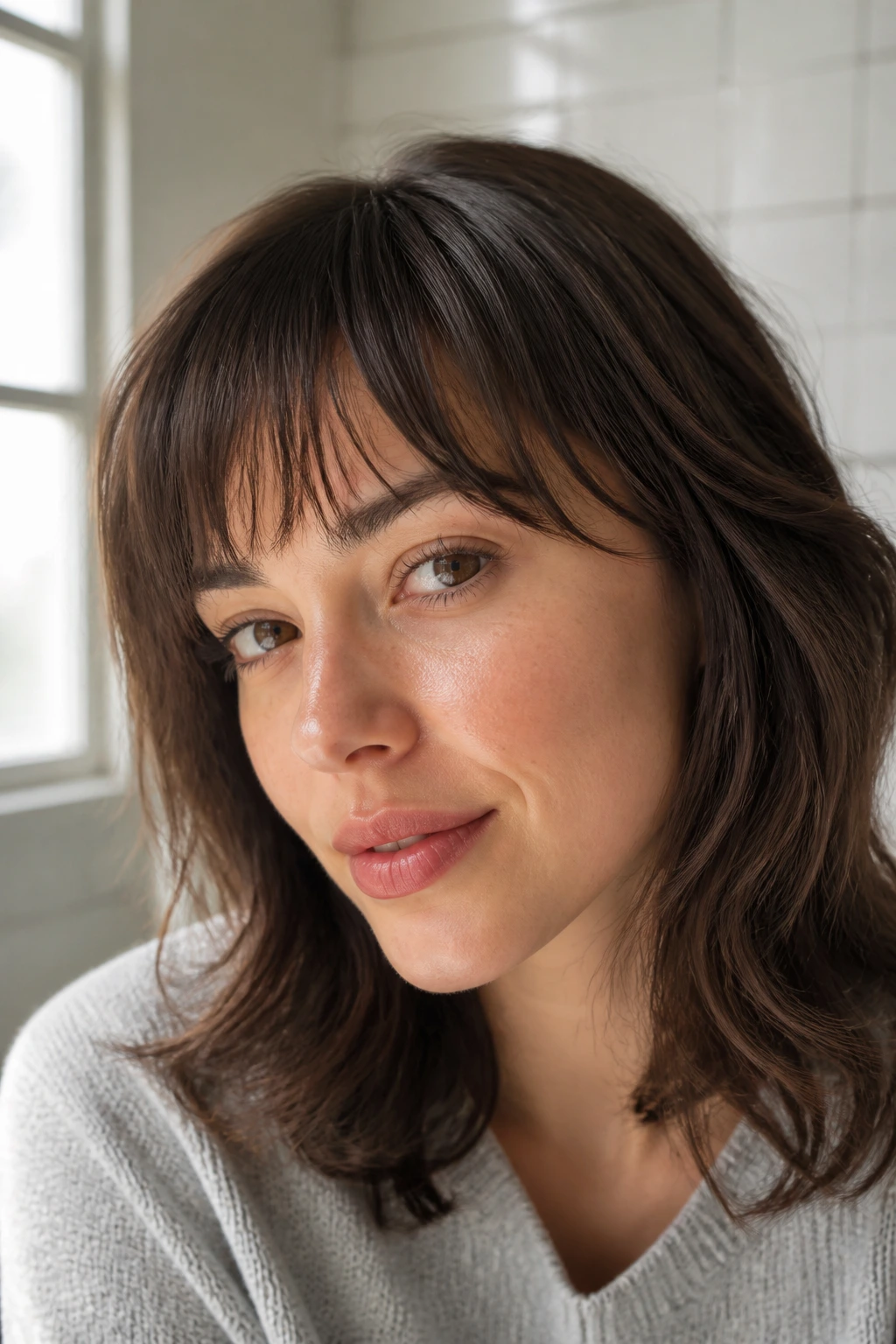 Close-up of rounded arched bangs with broken texture on a real woman