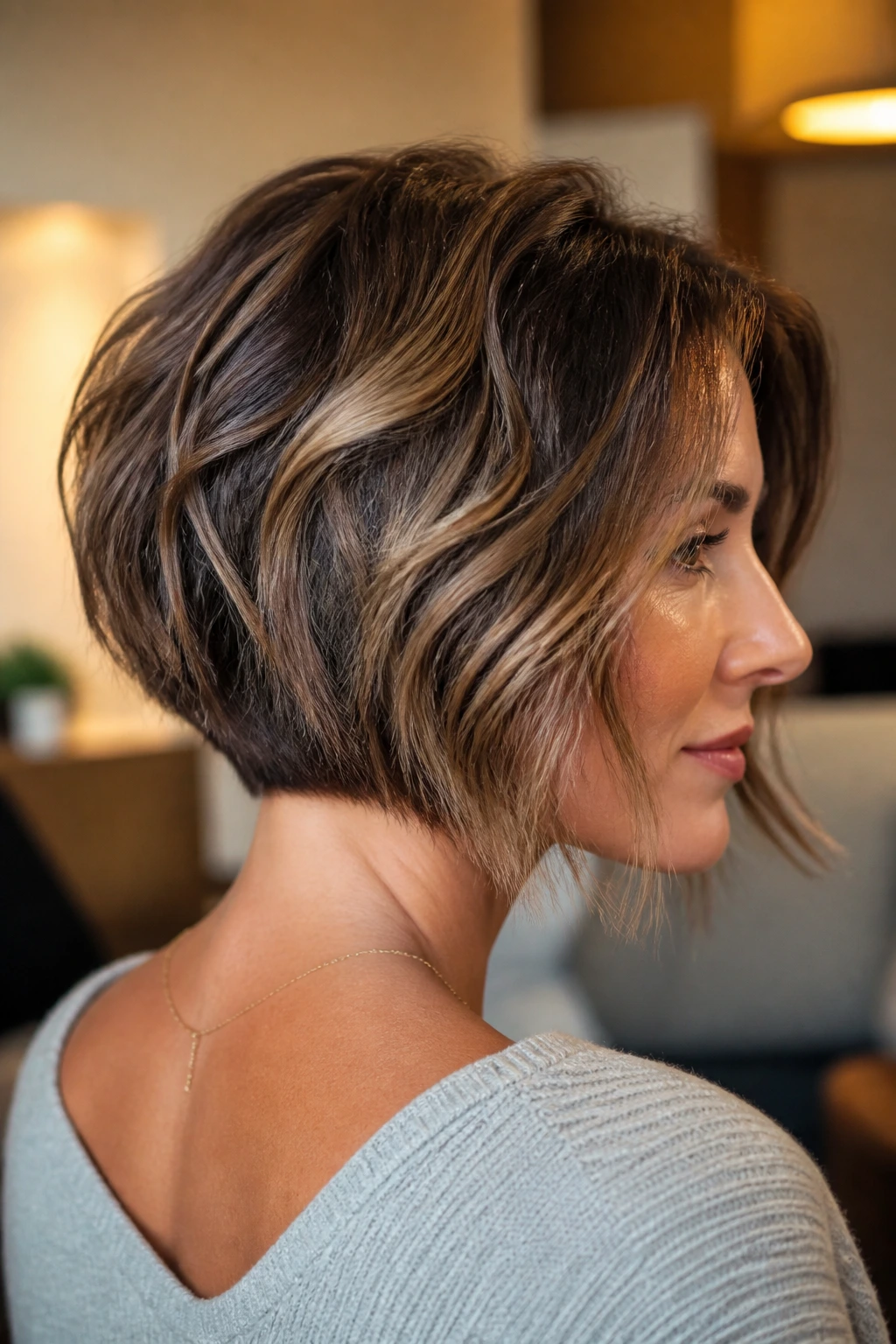 Portrait of a real woman with rounded-back inverted bob and caramel depth