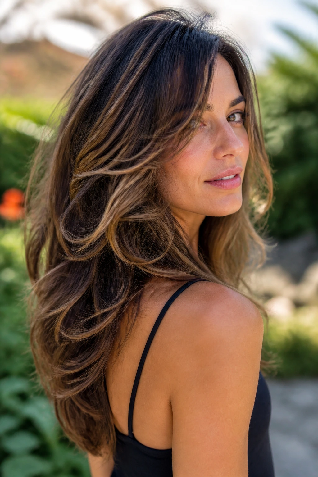 Three-quarter portrait of a person with rounded-back long choppy layers in outdoor garden light