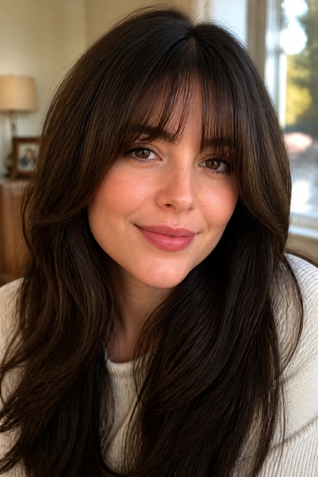 Close-up of a real woman with rounded bangs and longer corners