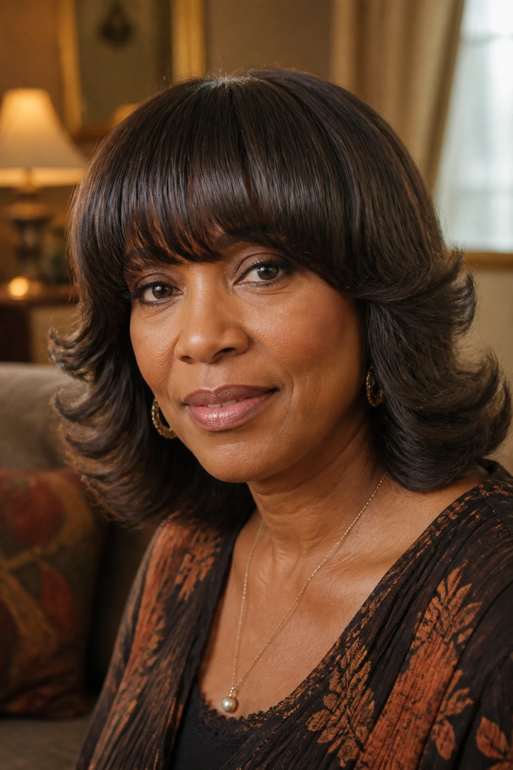 Woman with rounded bangs and retro flip in warm light
