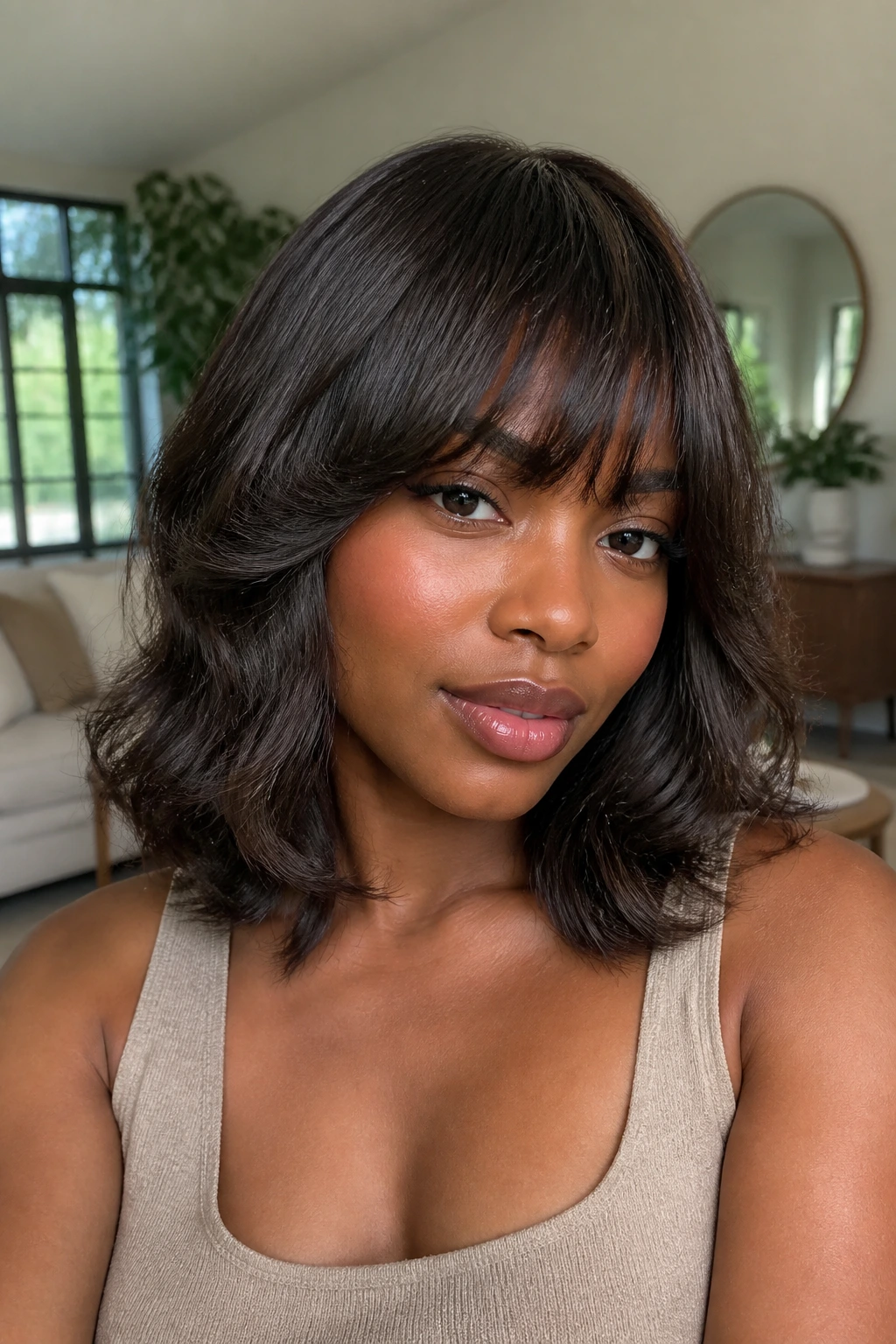 Close-up of a real Black woman with rounded bangs and shoulder-length hair