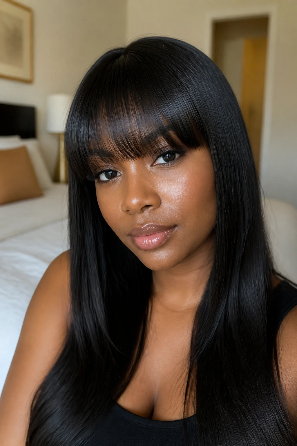 Real woman with rounded bangs silky press sew-in