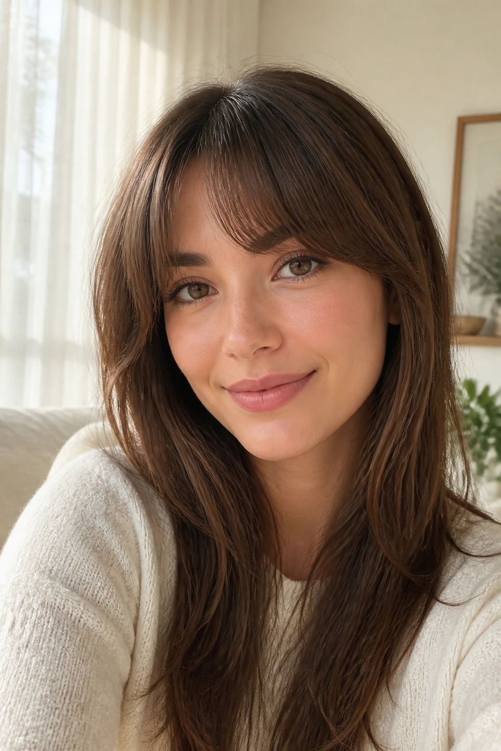 Portrait of woman with rounded long bangs curved softly across the forehead in a sunlit room.