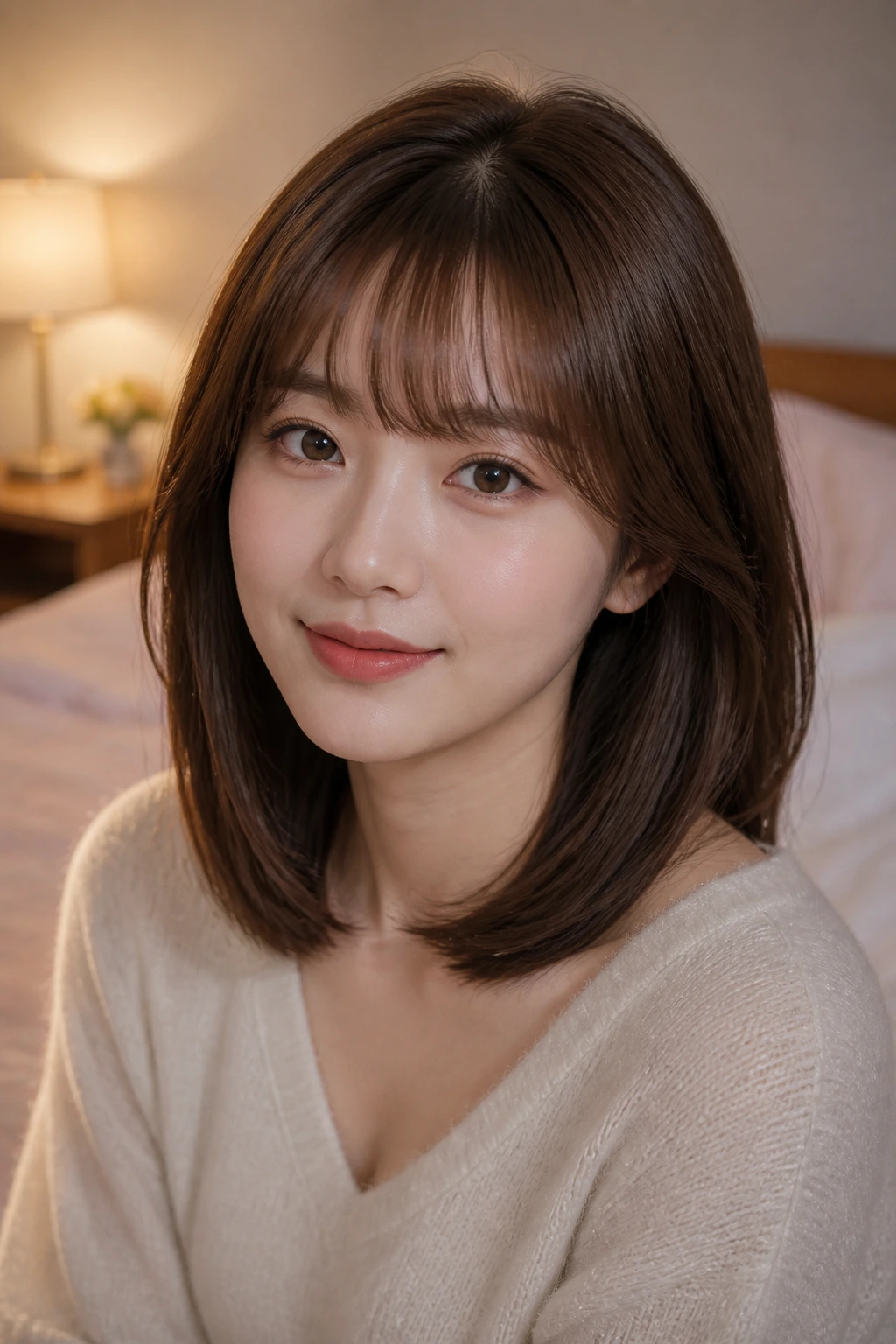 Close-up of a real woman with rounded bangs and a light U-shape hem.