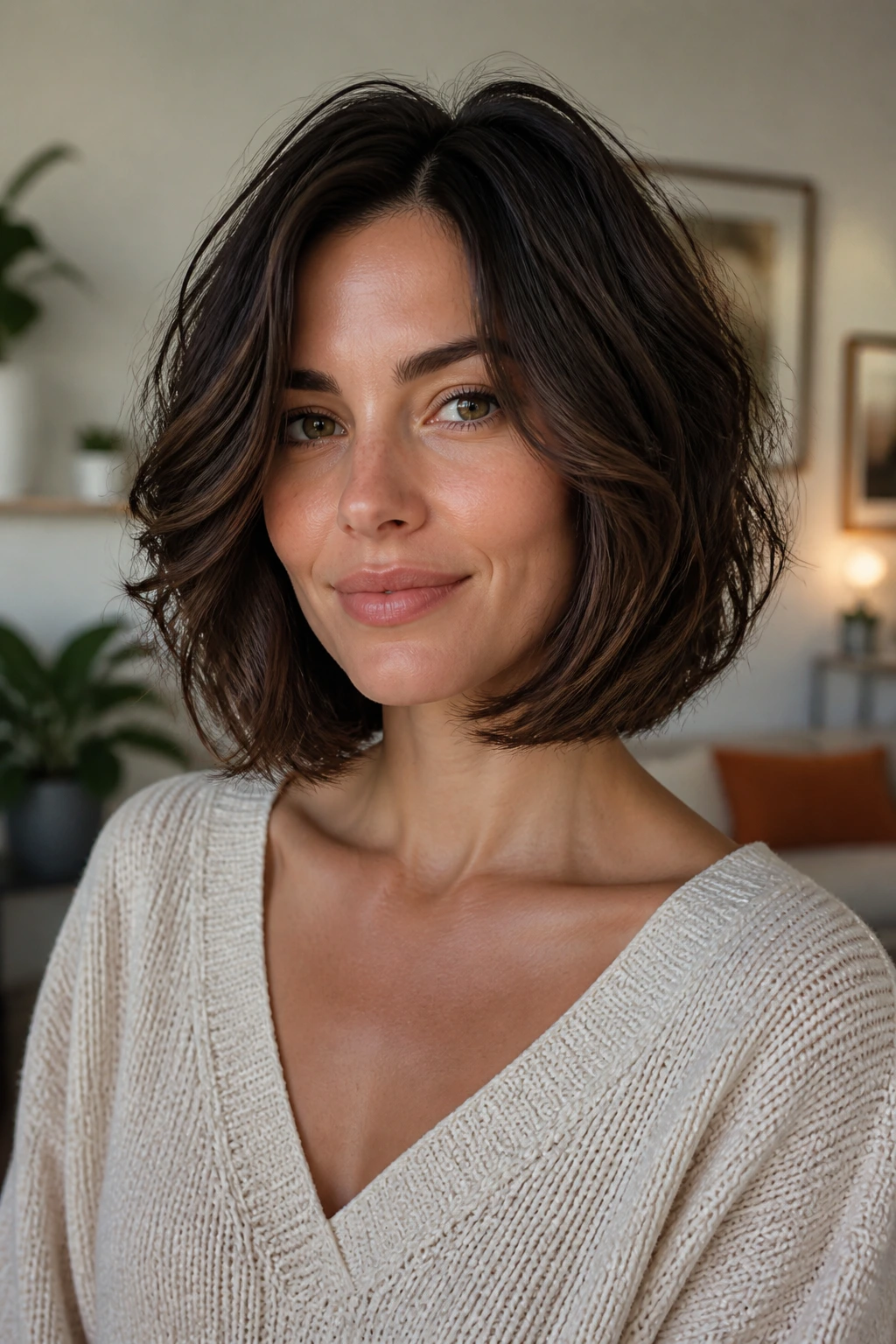 Portrait of a woman with rounded bevel lob and curved ends.