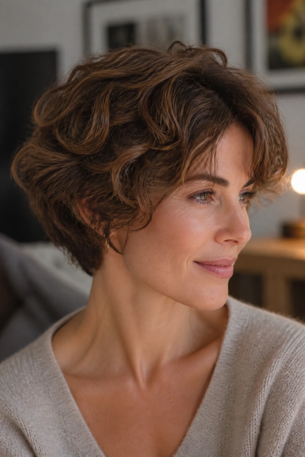 Close-up of a real woman with a rounded bixie and floating layers