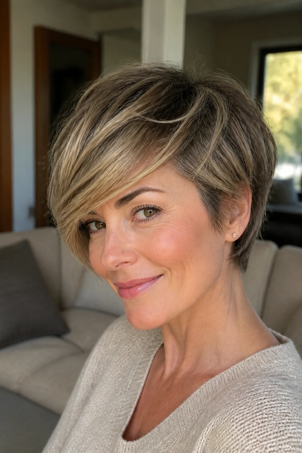 Close-up portrait of a real woman with rounded bixie and swooped fringe in a cozy living room
