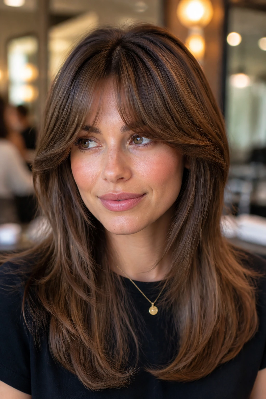 Real woman with rounded blowout bangs and soft bend