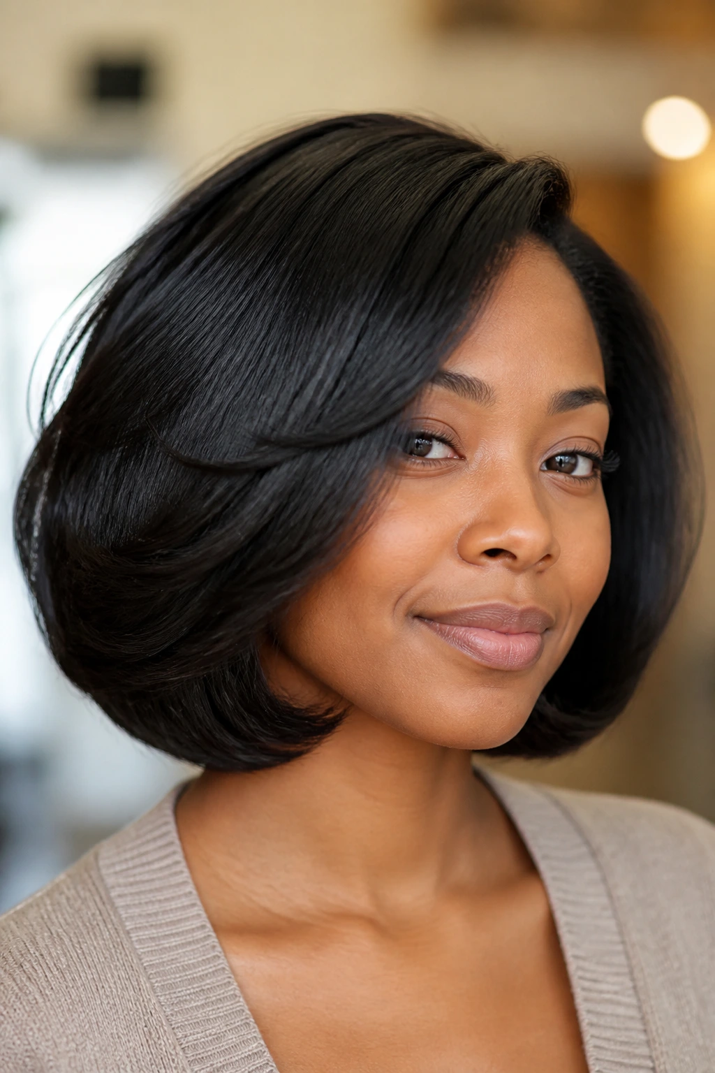 Real woman with rounded blowout bob and bounce