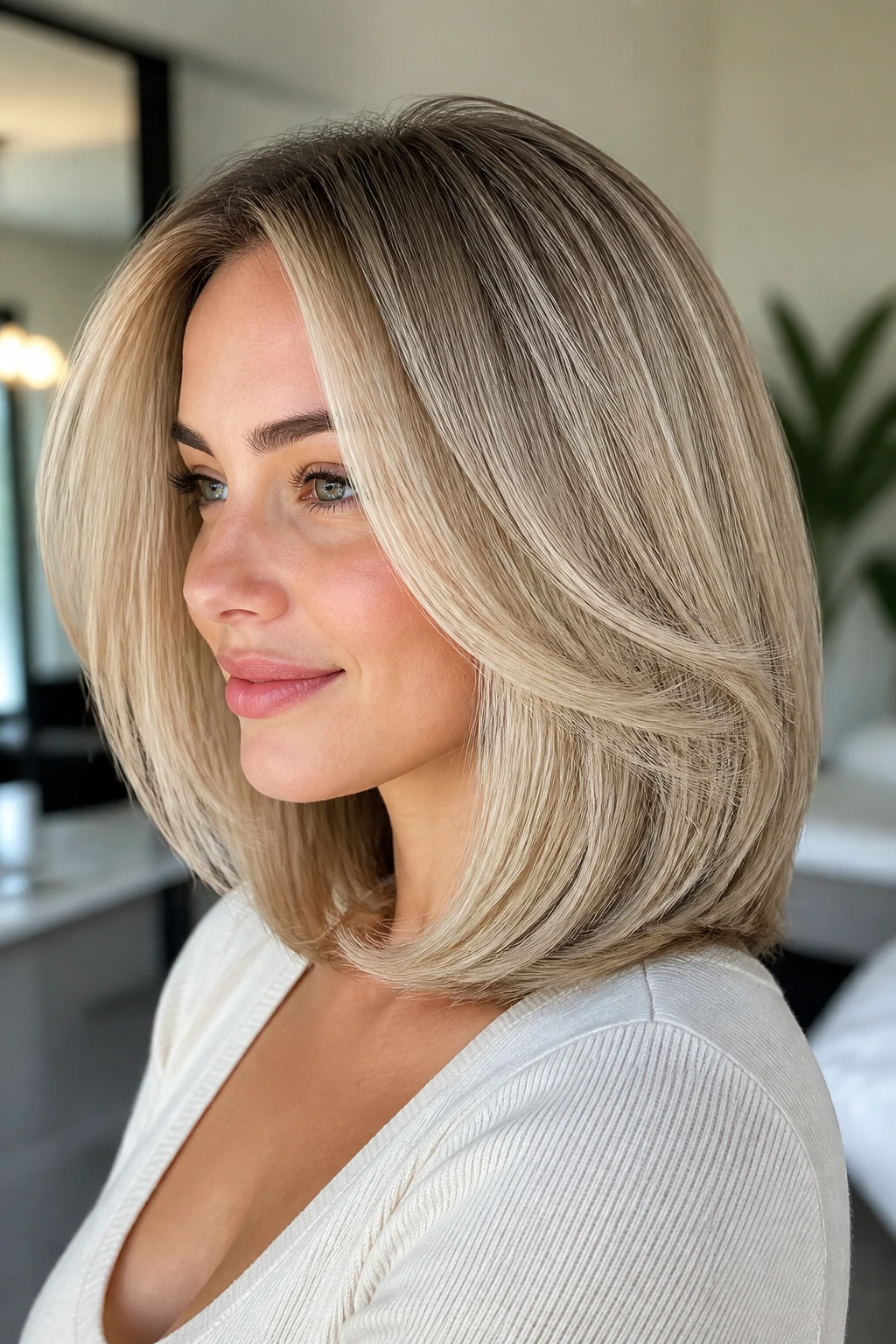 Portrait of a real person with rounded blowout and under-curled ends