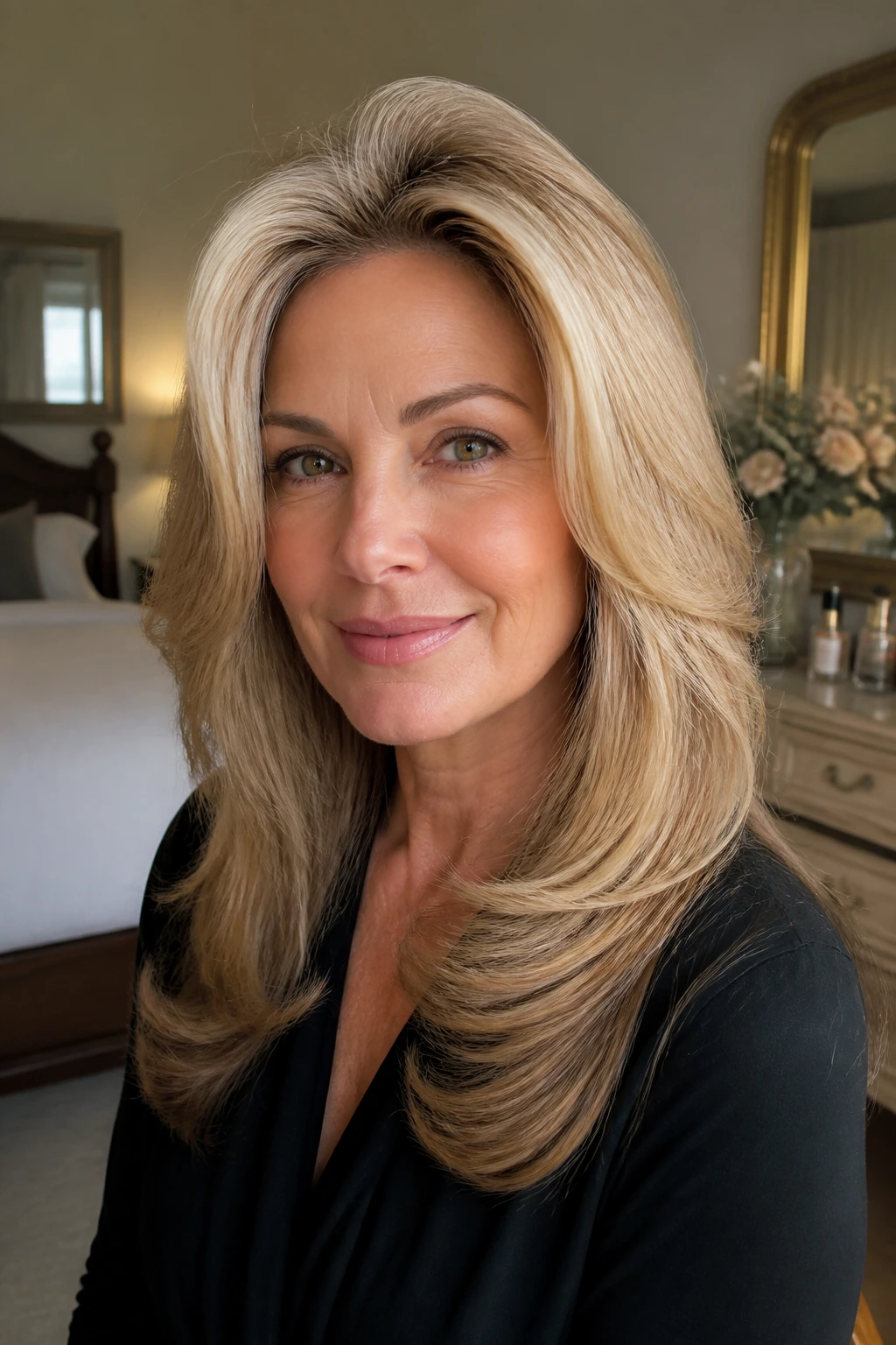 Close-up of real woman with rounded blowout layers and crown lift in warm window light