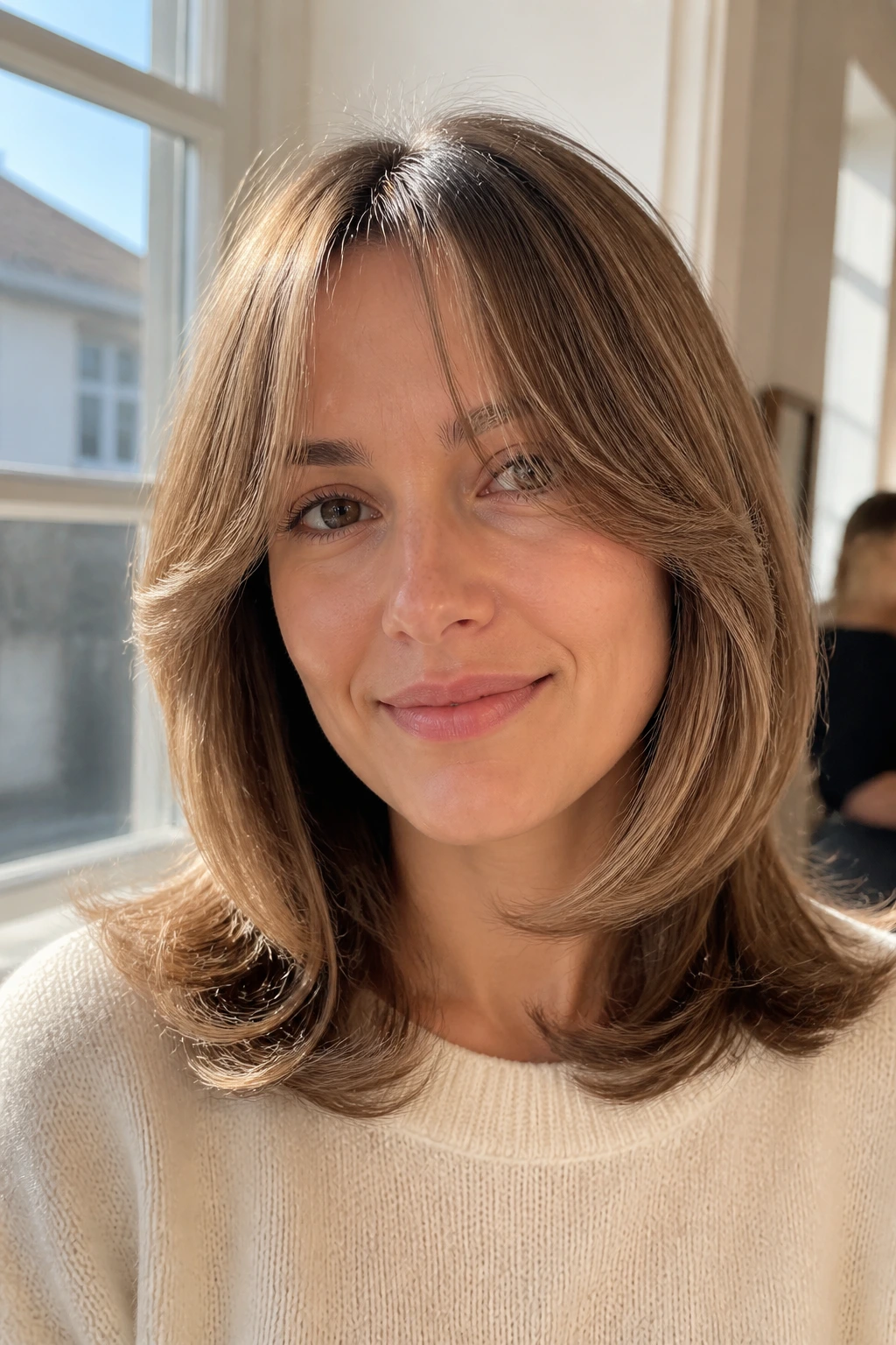 Close-up of a real woman with rounded blowout curtain bangs in natural light