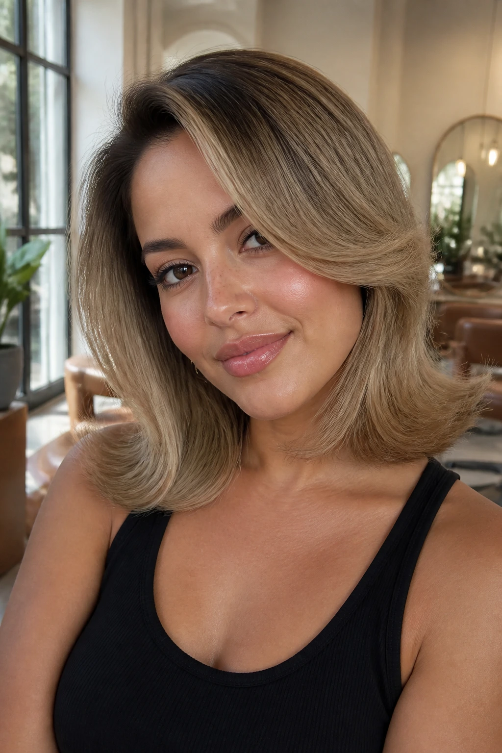 Close-up of a real woman with a rounded blowout and flipped ends in honey blonde.