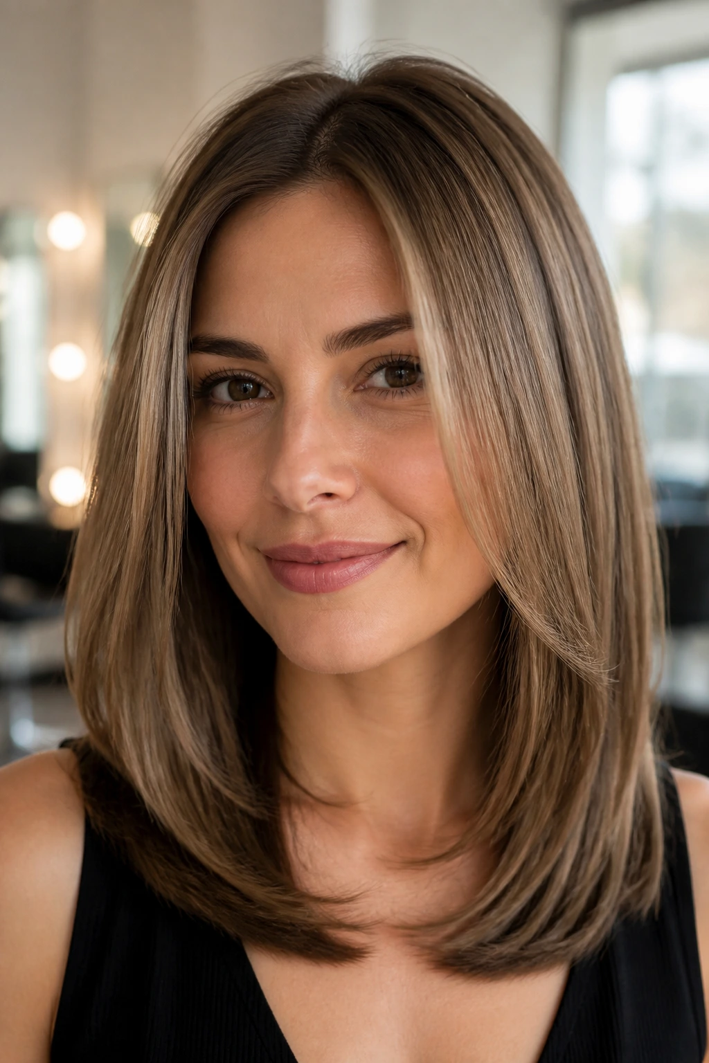 Real woman with rounded blowout layers adding rounded silhouette to straight hair