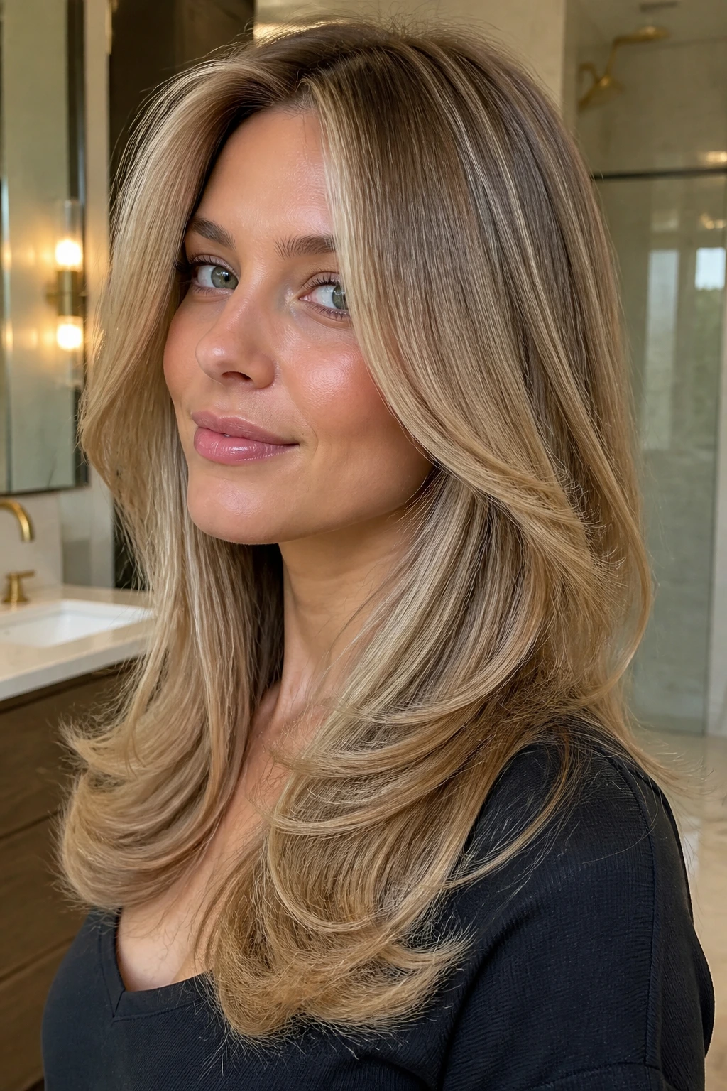 Close-up of a real woman with rounded feathered layers curving around the face in warm light