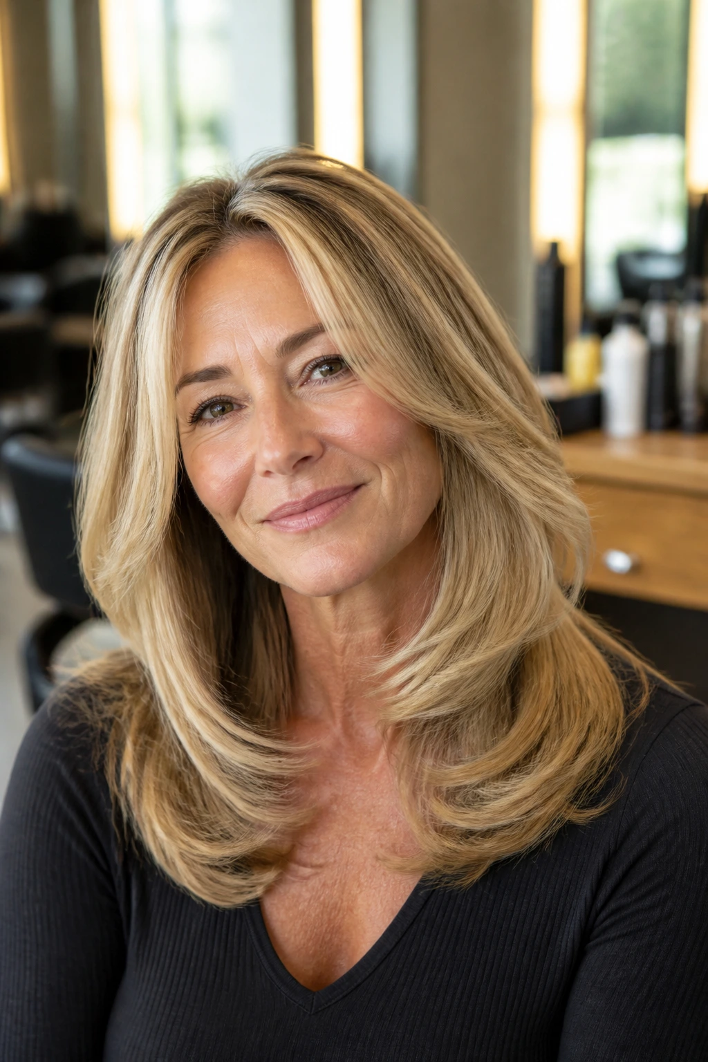 Portrait of a real woman with rounded blowout layers and soft curves.