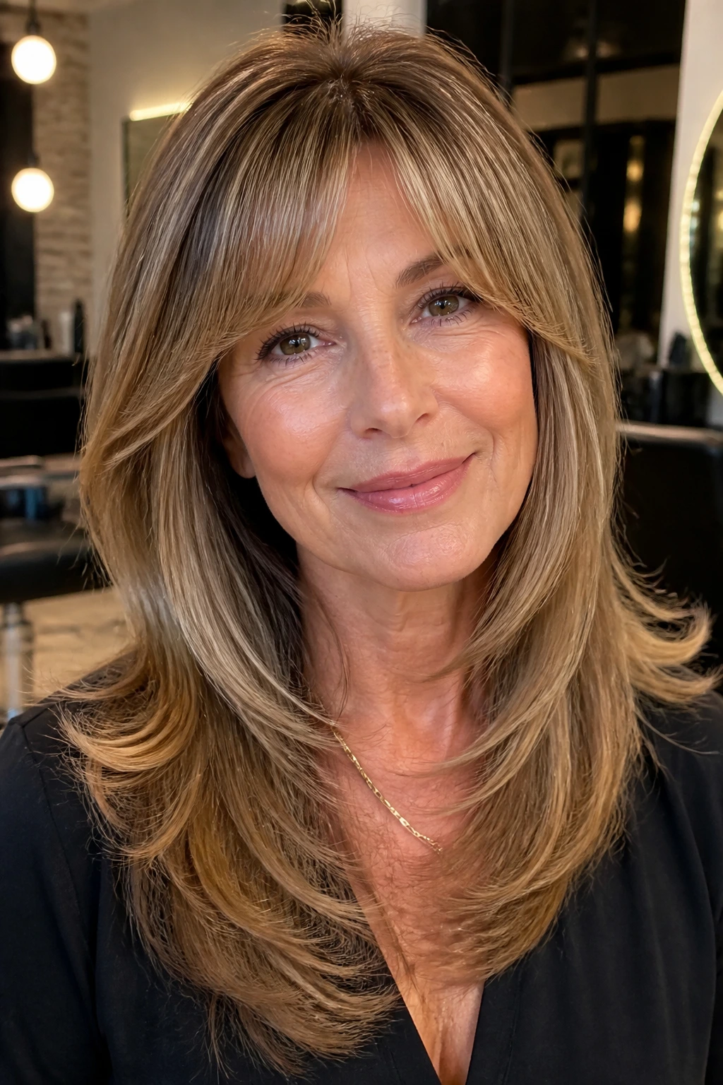 Close-up of a real woman with rounded blowout layers and arched bangs.