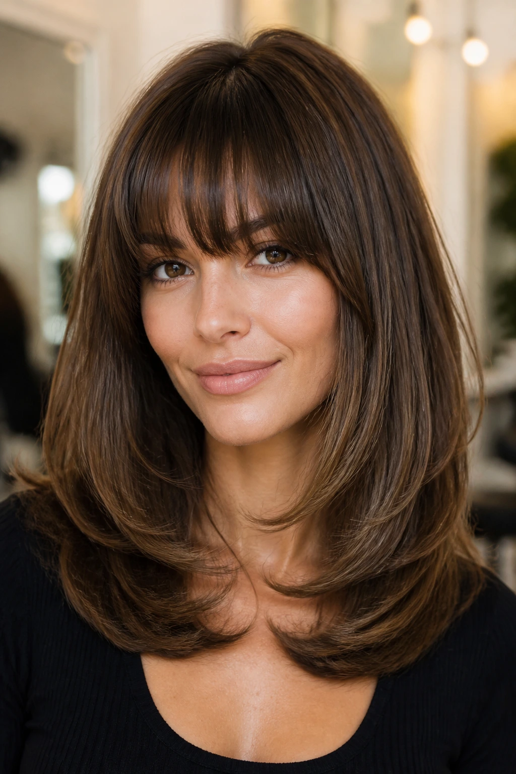 Close-up portrait of a real woman with rounded blowout layers and a full fringe