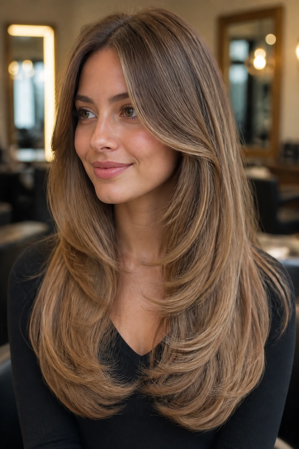 Close-up portrait of woman with rounded blowout layers and inward-curved ends