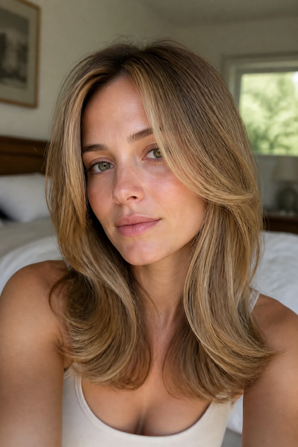 Close-up of a real woman with rounded blowout layers framing the cheeks in warm window light