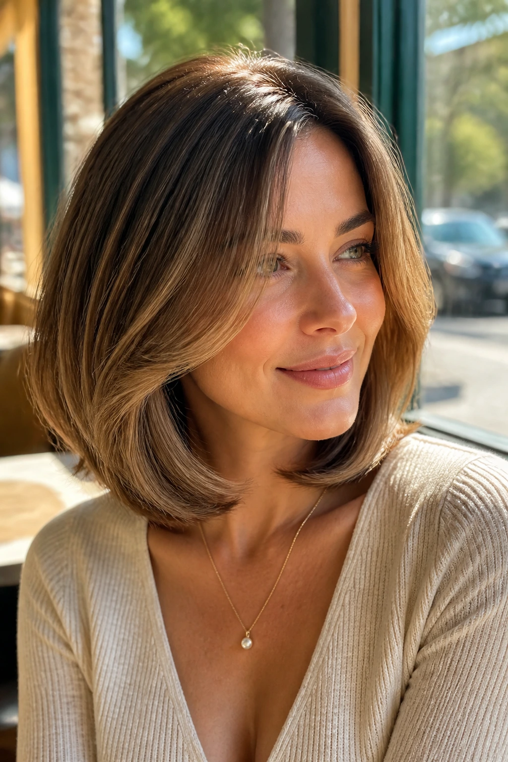 Real woman with rounded blowout lob in sunlit cafe setting