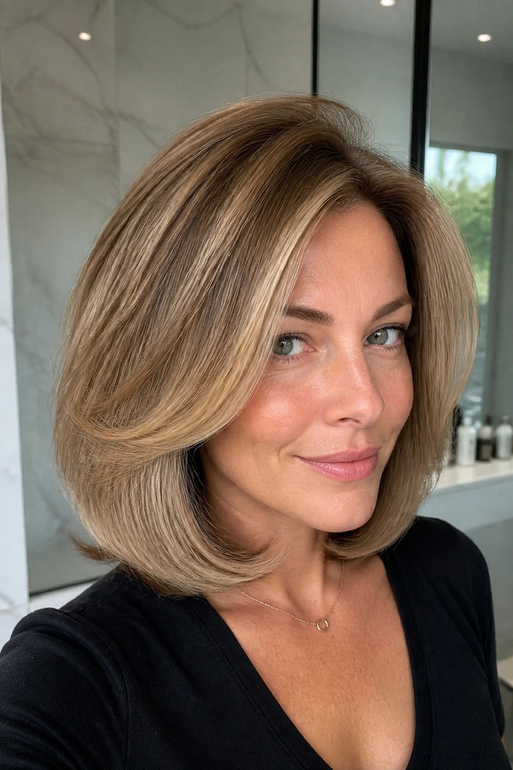 Close-up of a woman with a rounded blowout lob and halo effect