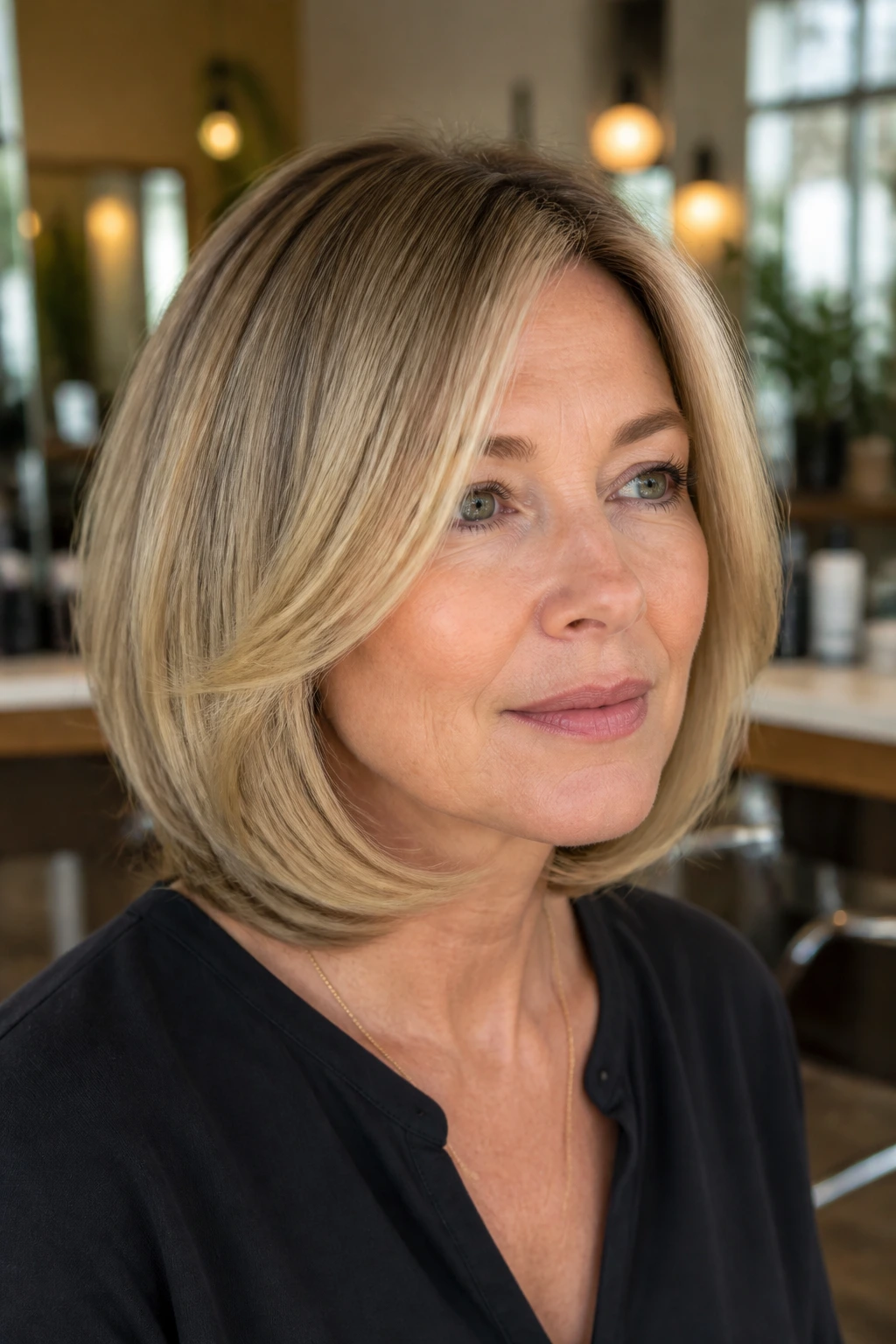 Close-up of a real woman with a rounded blowout lob hugging the jawline