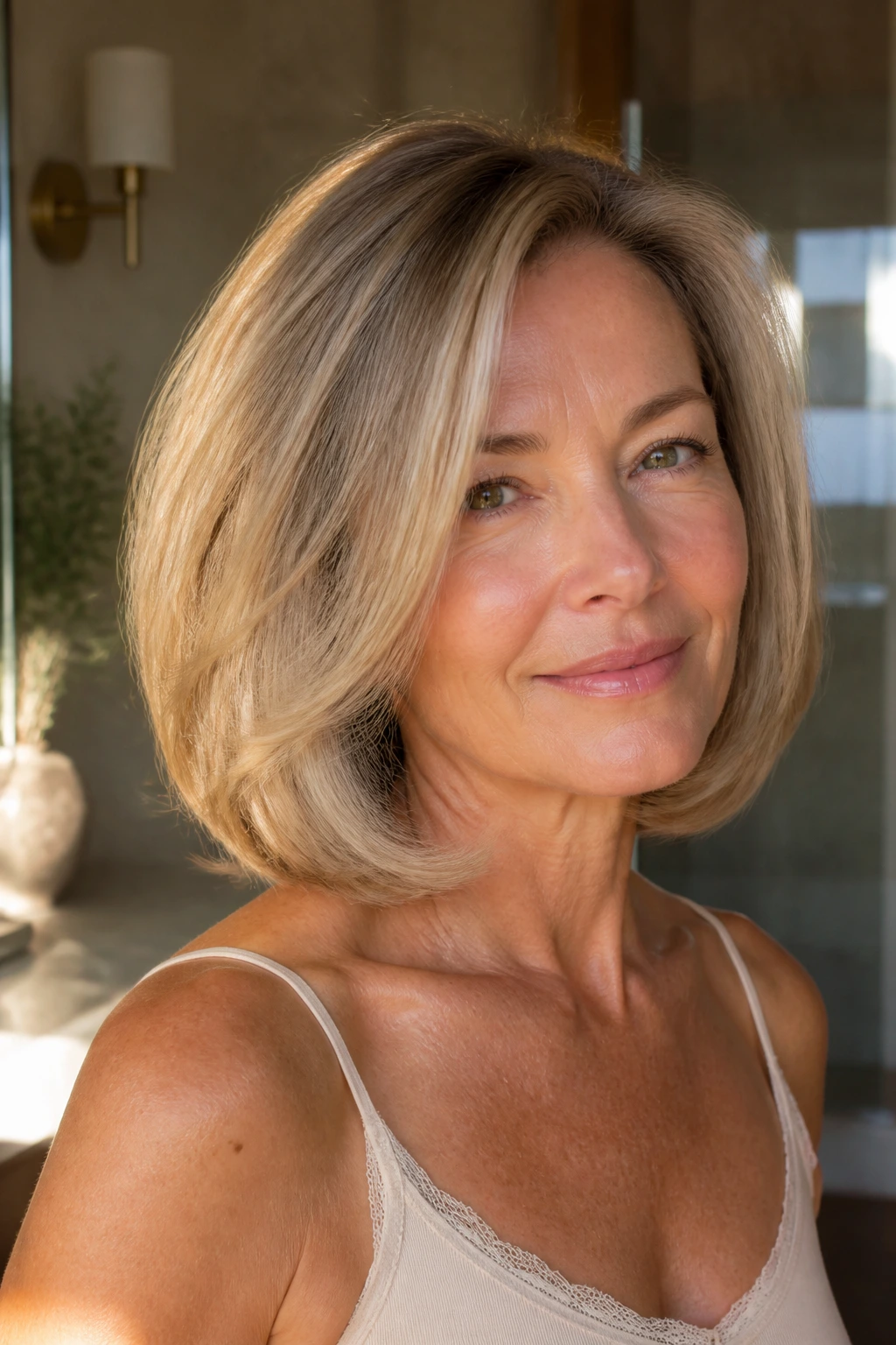 Real woman with rounded blowout lob framing the face in sunlit bathroom.