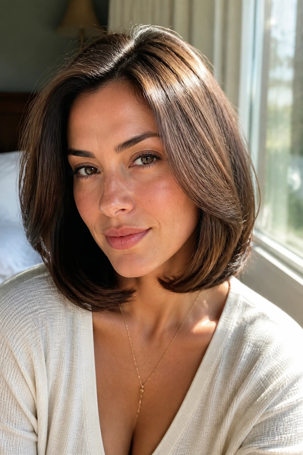 Close-up of a real woman with a rounded blowout and tucked-in ends.