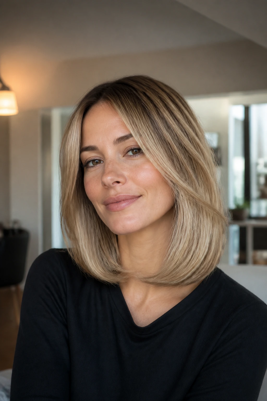 Woman with rounded blowout haircut featuring lifted roots and smooth ends.