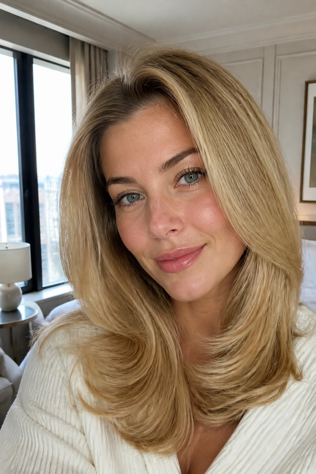 Close-up of a real woman's rounded blowout with soft volume