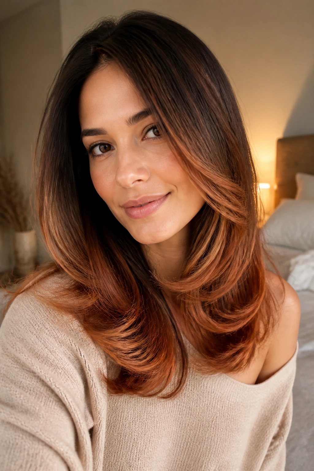 Portrait of a woman with a rounded blowout and toasted strawberry ends