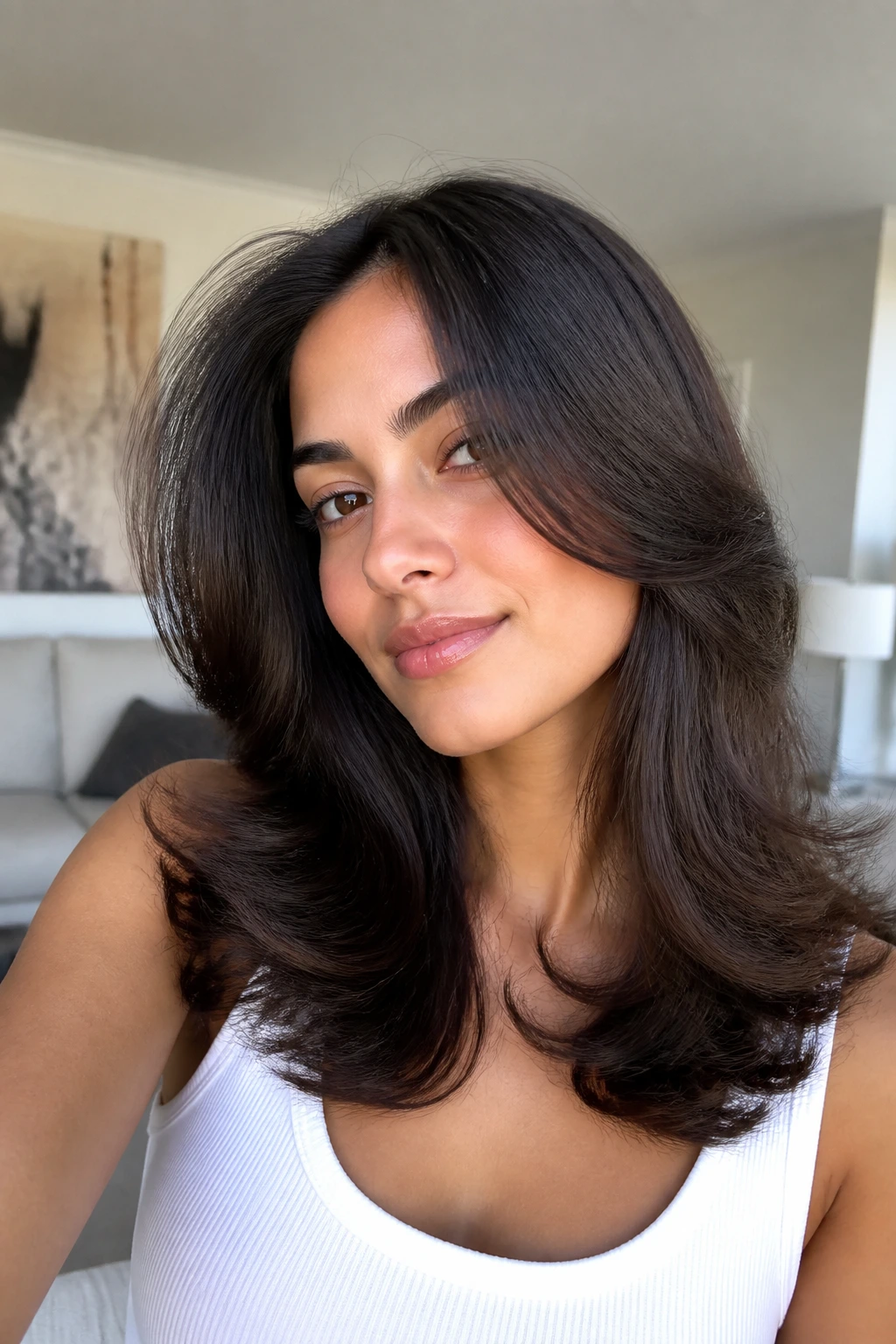 Close-up portrait of a real woman with rounded blowout and flipped ends, glossy hair