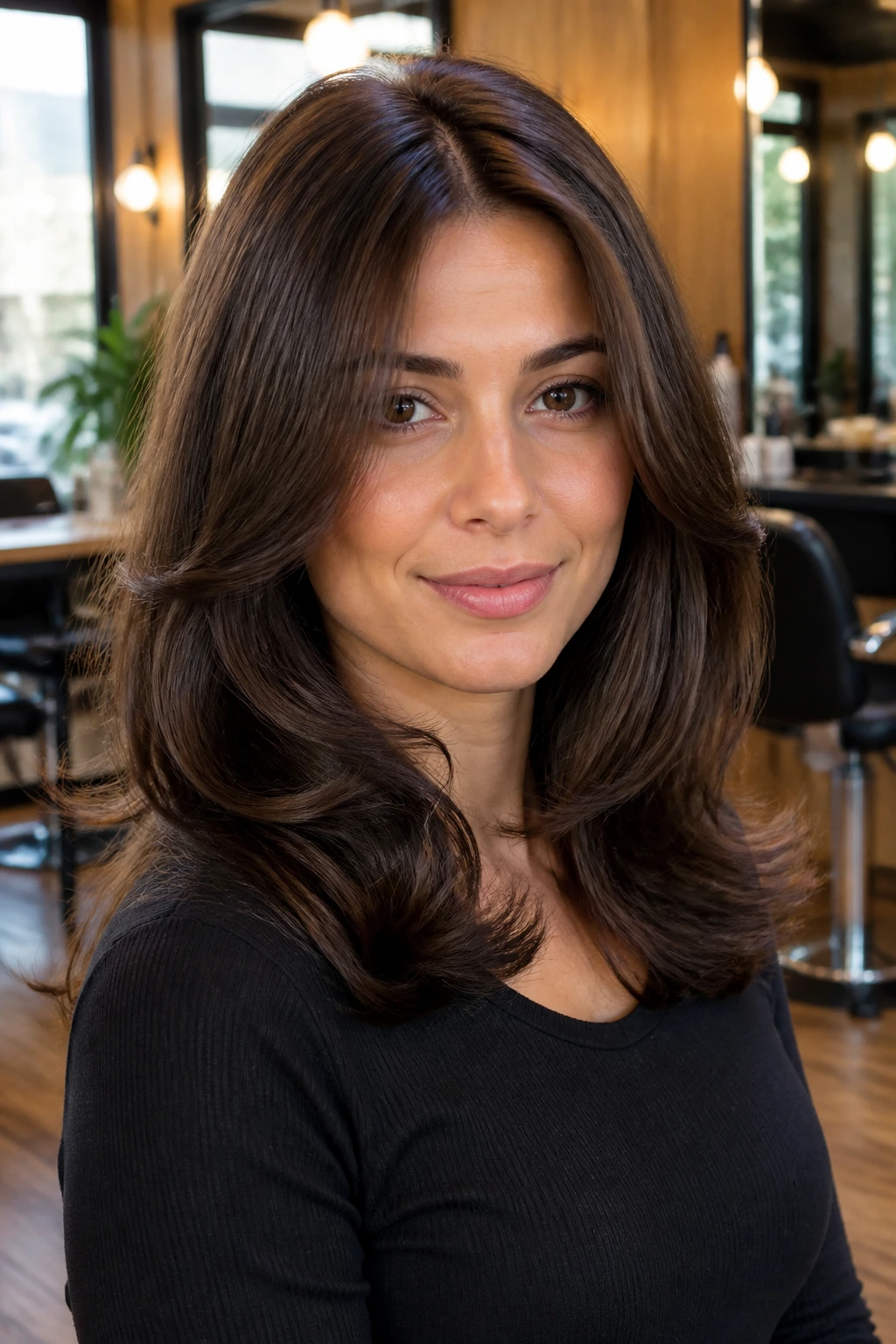 Close-up of a woman with a rounded blowout hairstyle in a warm salon setting