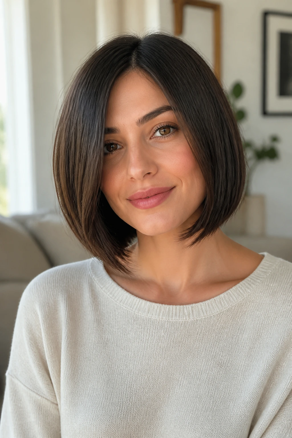Close-up portrait of a real woman with rounded blunt bob and internal layers