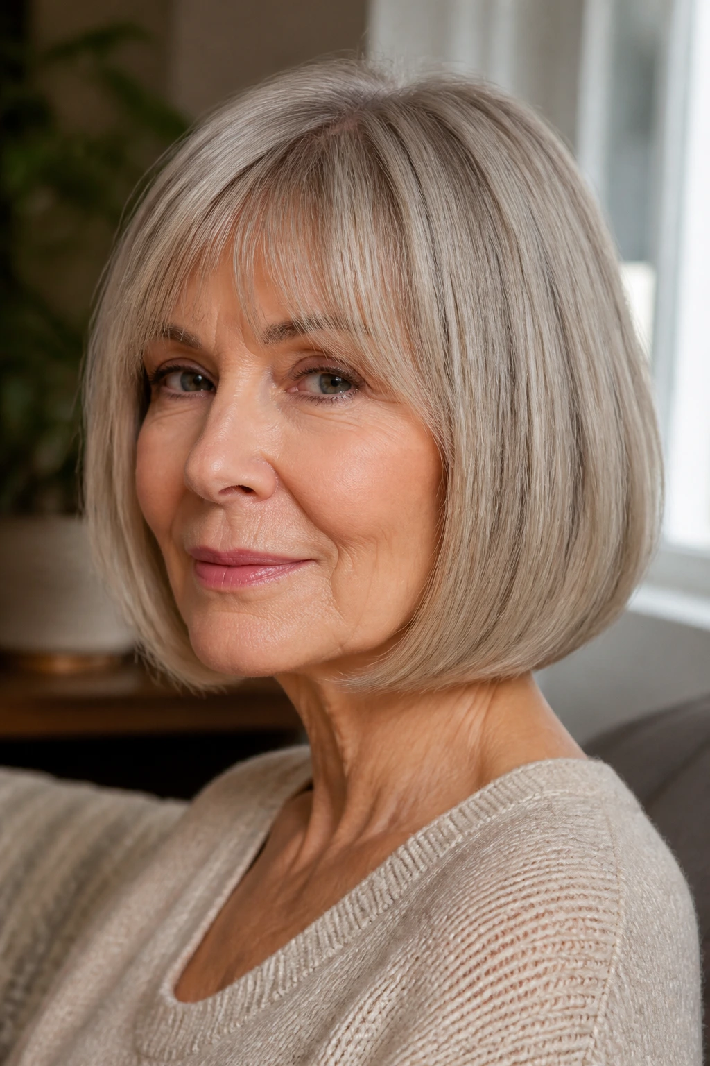 Woman with rounded blunt bob and wispy bangs