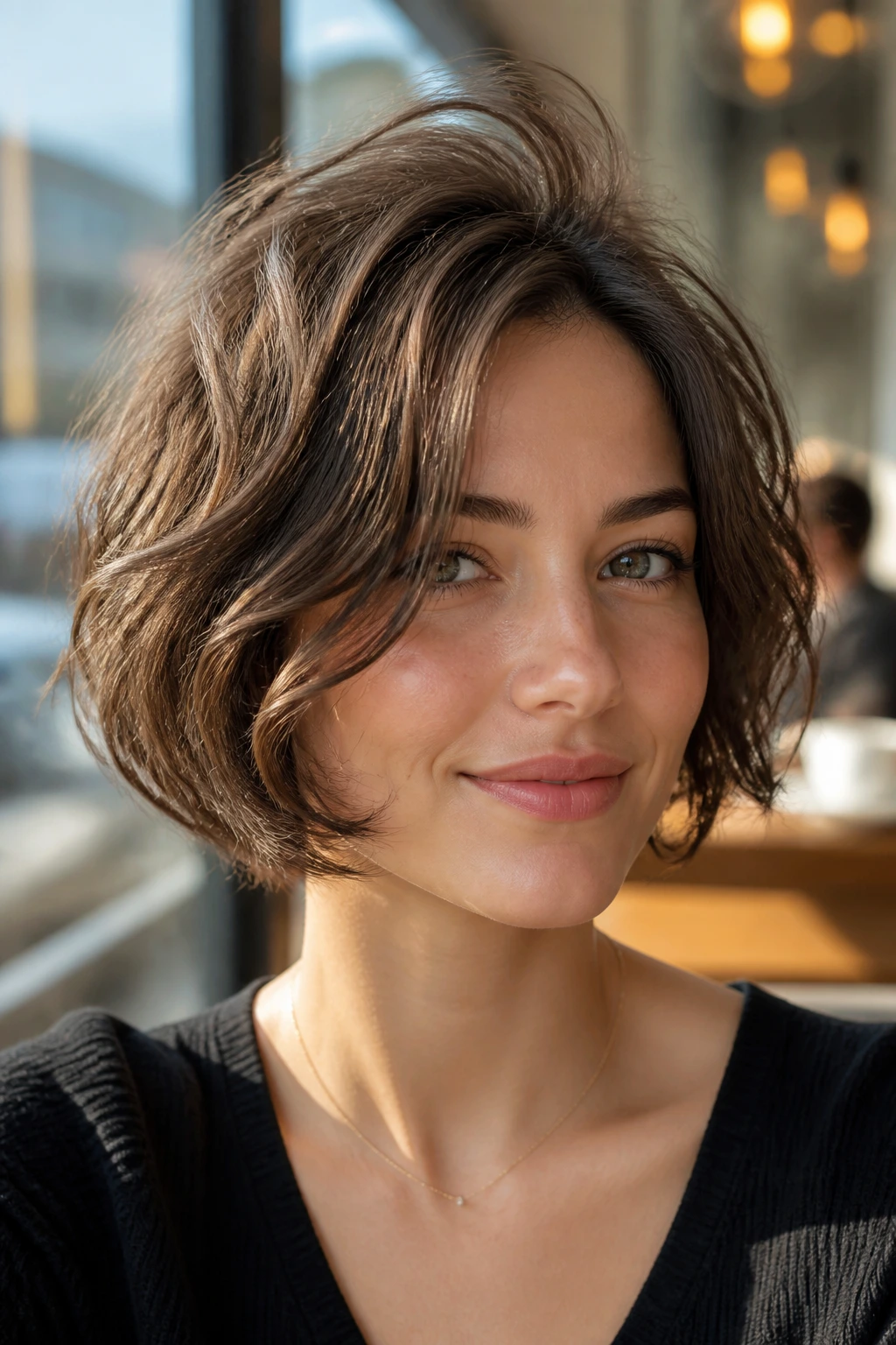 Portrait of a woman with rounded bob and airy crown volume in a bright cafe