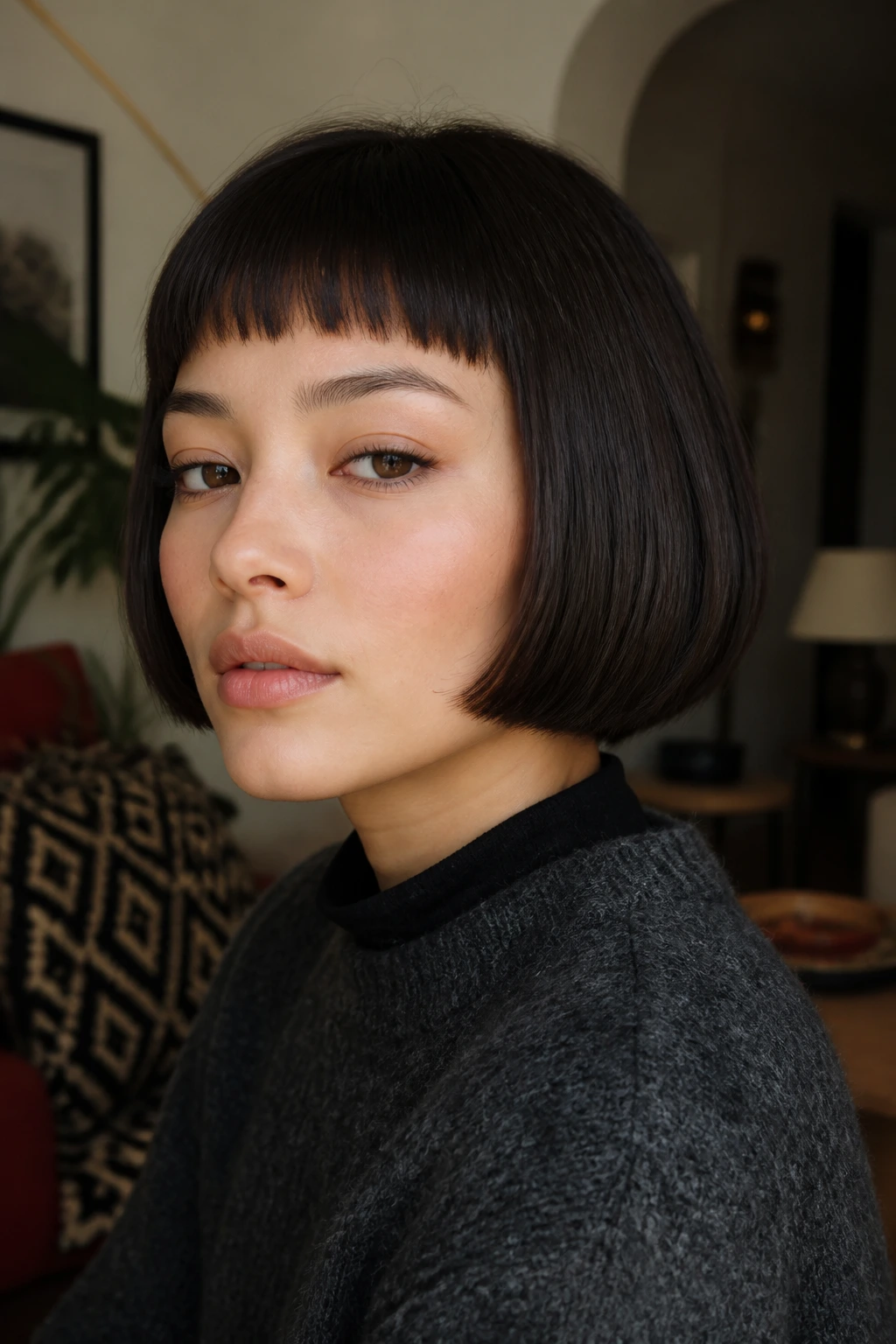 Close-up portrait of a young woman with a rounded bob and baby bangs in warm indoor light