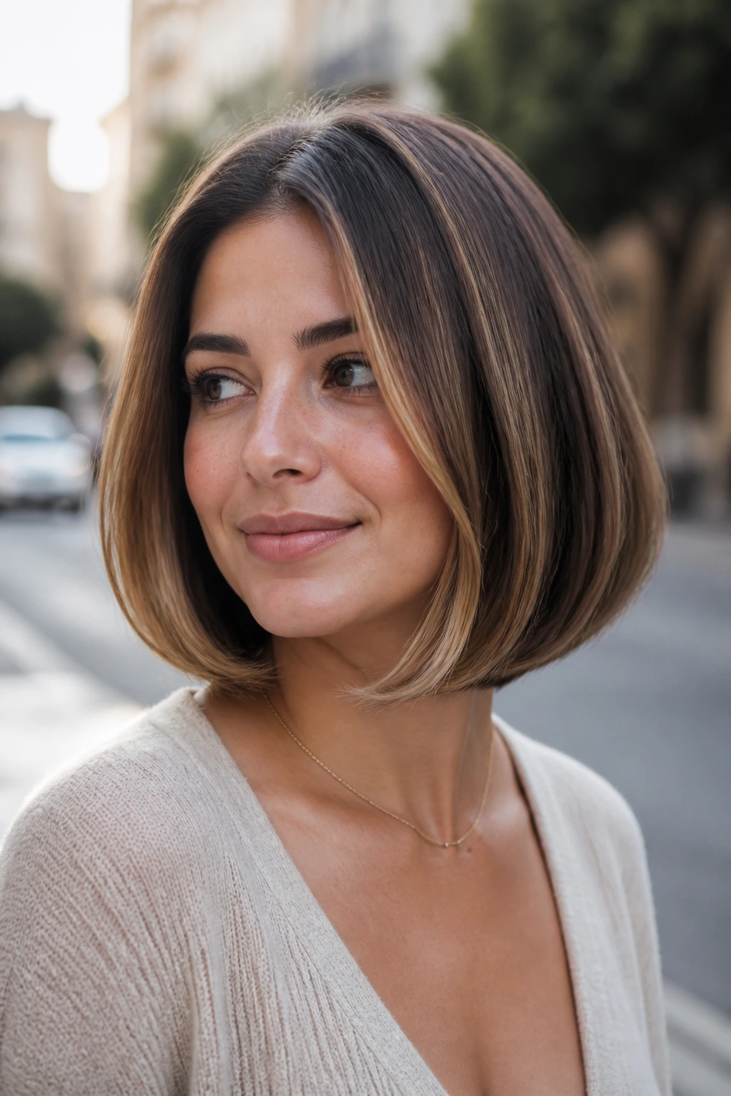 Close-up of a woman with rounded bob and beveled ends with caramel highlights