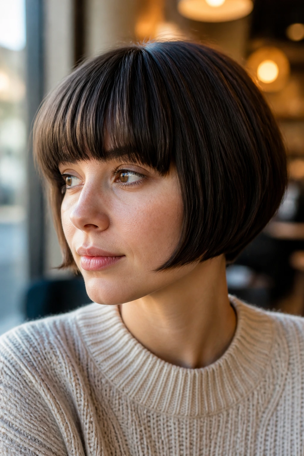Close-up portrait of a real woman with a rounded bob-bowl featuring a blunt edge and longer front pieces