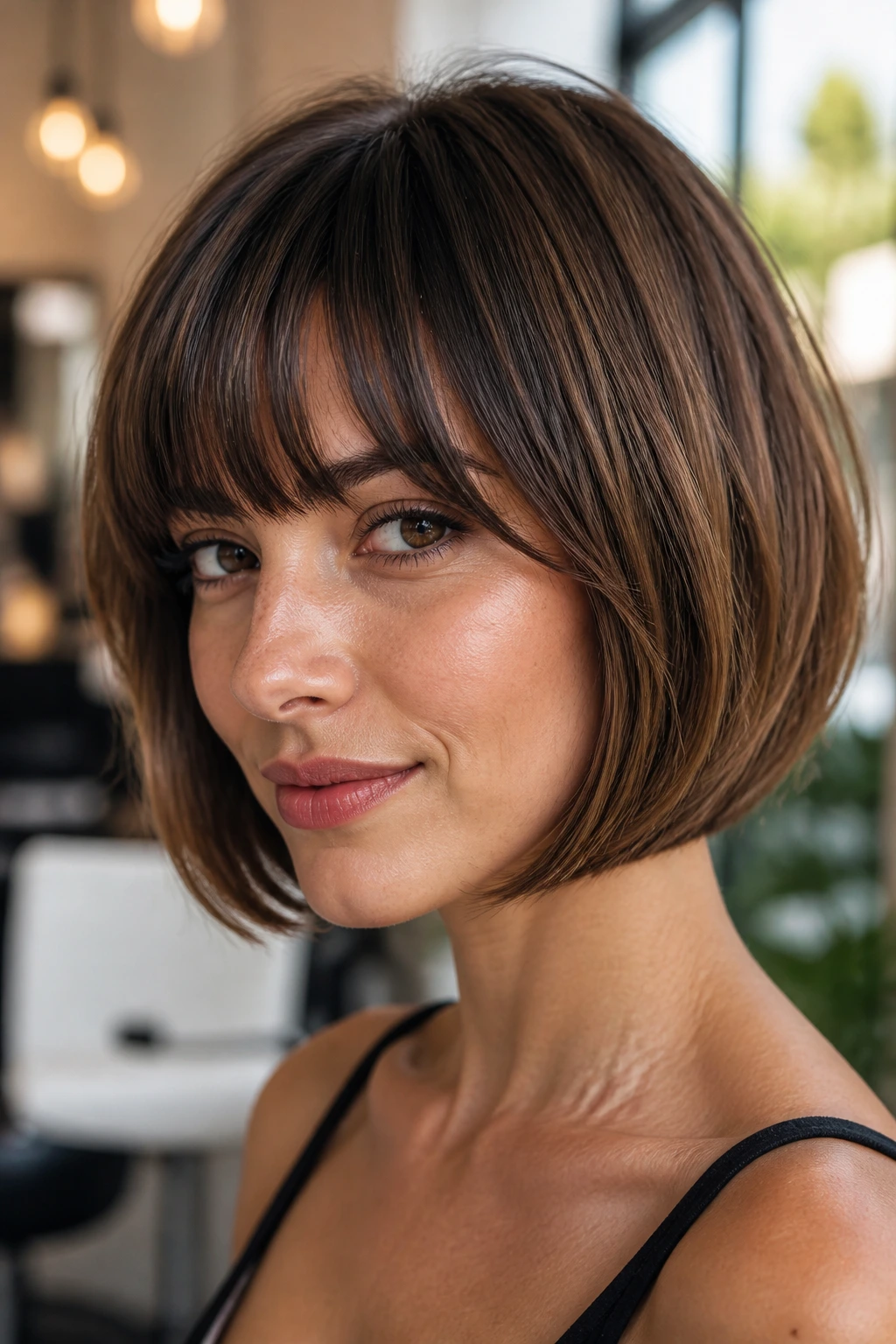 Close-up portrait of a real woman with rounded bob and brow-grazing fringe in warm salon lighting