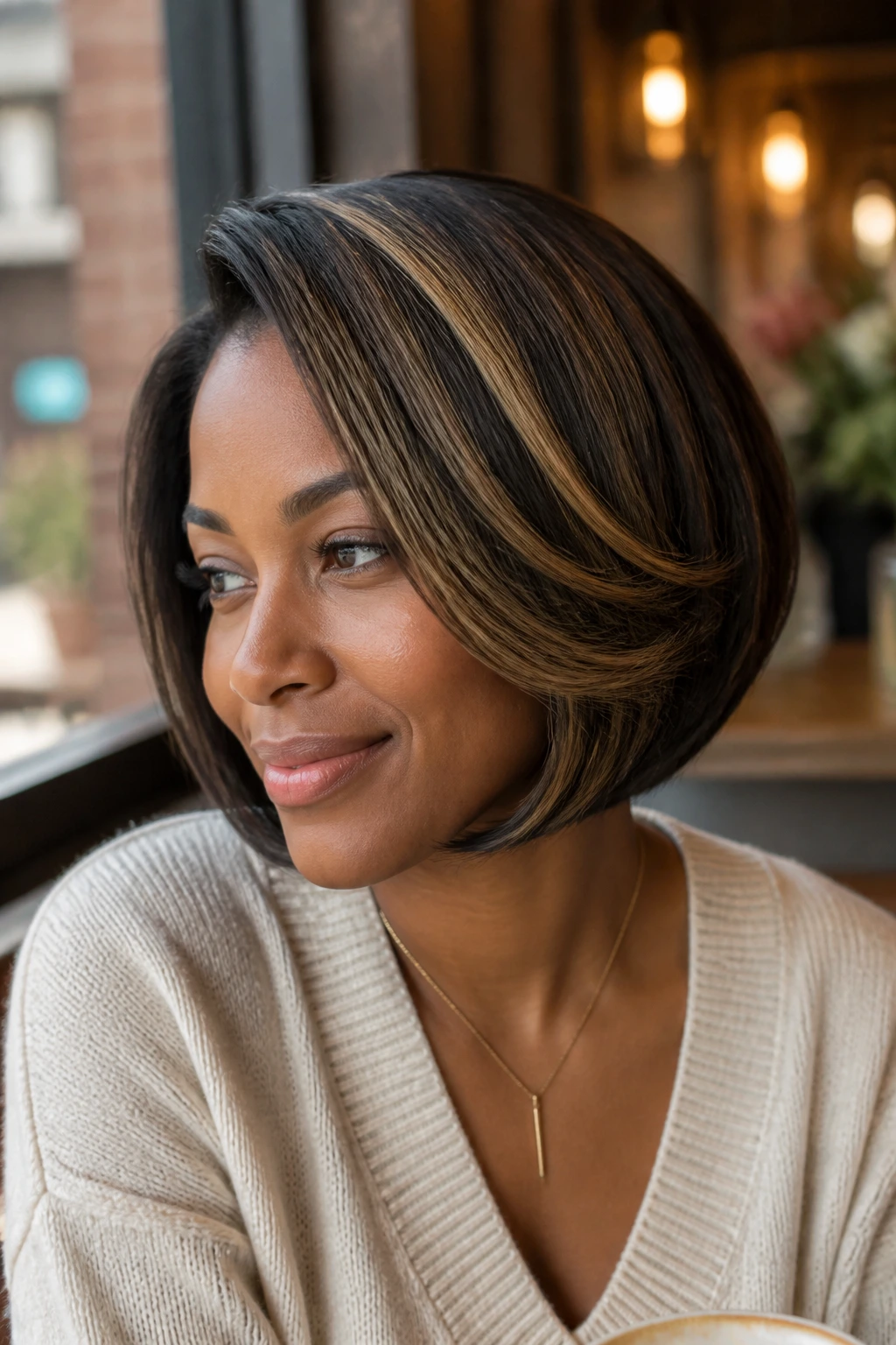 Close-up portrait of a real Black woman with rounded bob and buttery babylights.